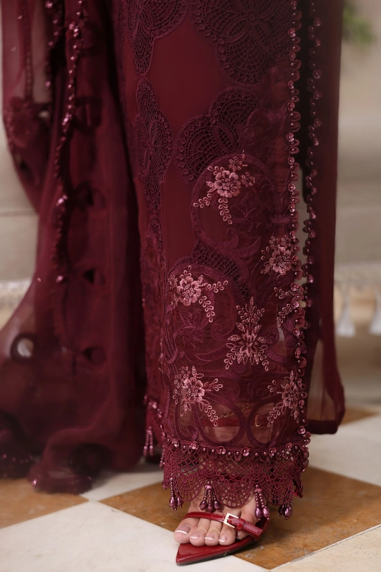 Maria B 3 Piece Unstitched Embroidered Chiffon 26' - MPC-26-108- Deep Maroon - Image 6