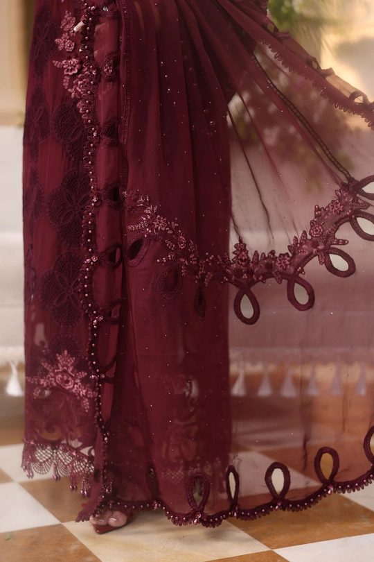 Maria B 3 Piece Unstitched Embroidered Chiffon 26' - MPC-26-108- Deep Maroon - Image 7