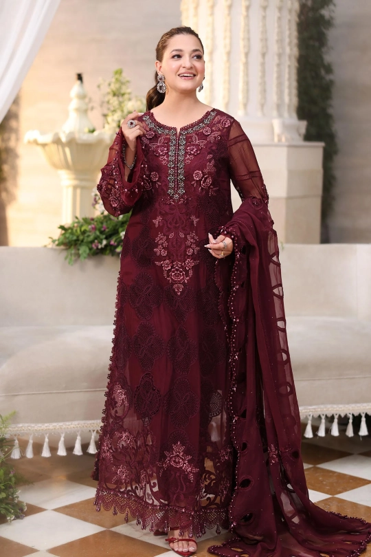 Maria B 3 Piece Unstitched Embroidered Chiffon 26' - MPC-26-108- Deep Maroon - Image 3