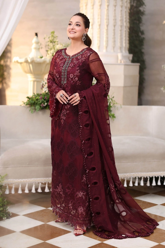 Maria B 3 Piece Unstitched Embroidered Chiffon 26' - MPC-26-108- Deep Maroon - Image 8